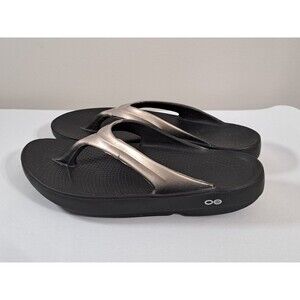 Oofos Womens Oolala Sandals Sz 9 Black Silver Thong Comfort Recovery Shoe Casual